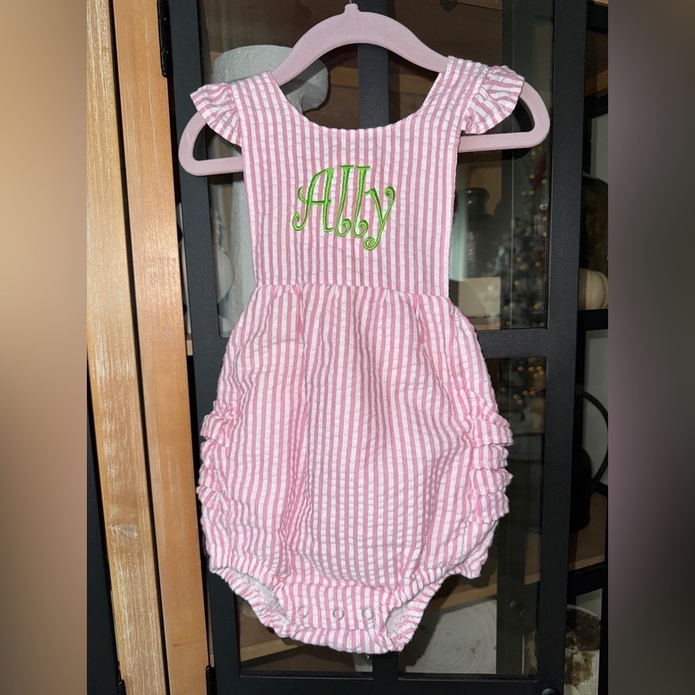 Ally monogram seersucker bubble romper sunsuit toddler girl embroidered smock